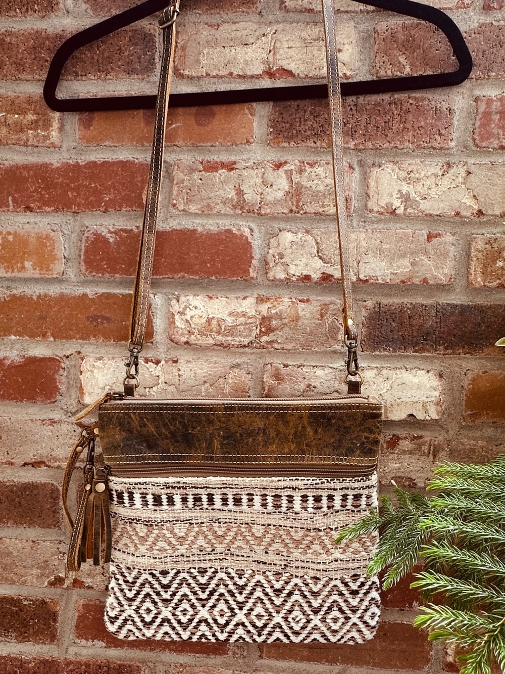 Myra Contentment Small Crossbody Bag Geometric Woven Rug Brown Leather